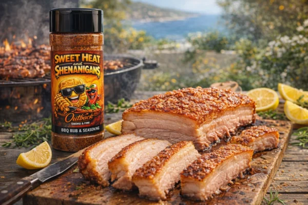 Crispy pork belly with blistered crackling and sweet‑smoky caramelisation, photographed in warm OSF hero style with glowing highlights and rich texture.