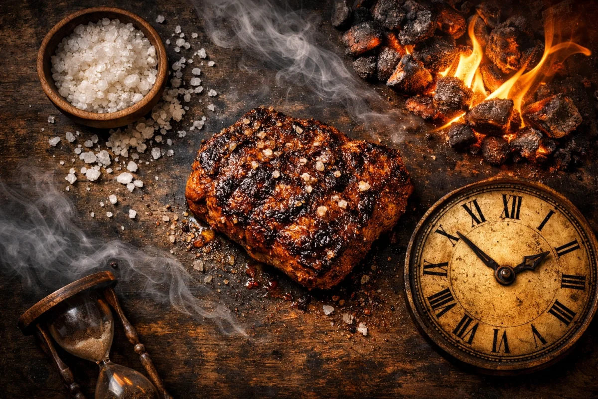 Flat‑lay hero image showing the four pillars of BBQ — coarse salt, glowing coals, drifting smoke, and a vintage clock surrounding caramelised meat on a rustic wooden surface.