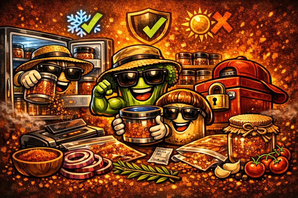 Anthropomorphic spice jar and salt shaker storing BBQ rubs in airtight containers and fridge, surrounded by glowing embers and jars of seasoning.