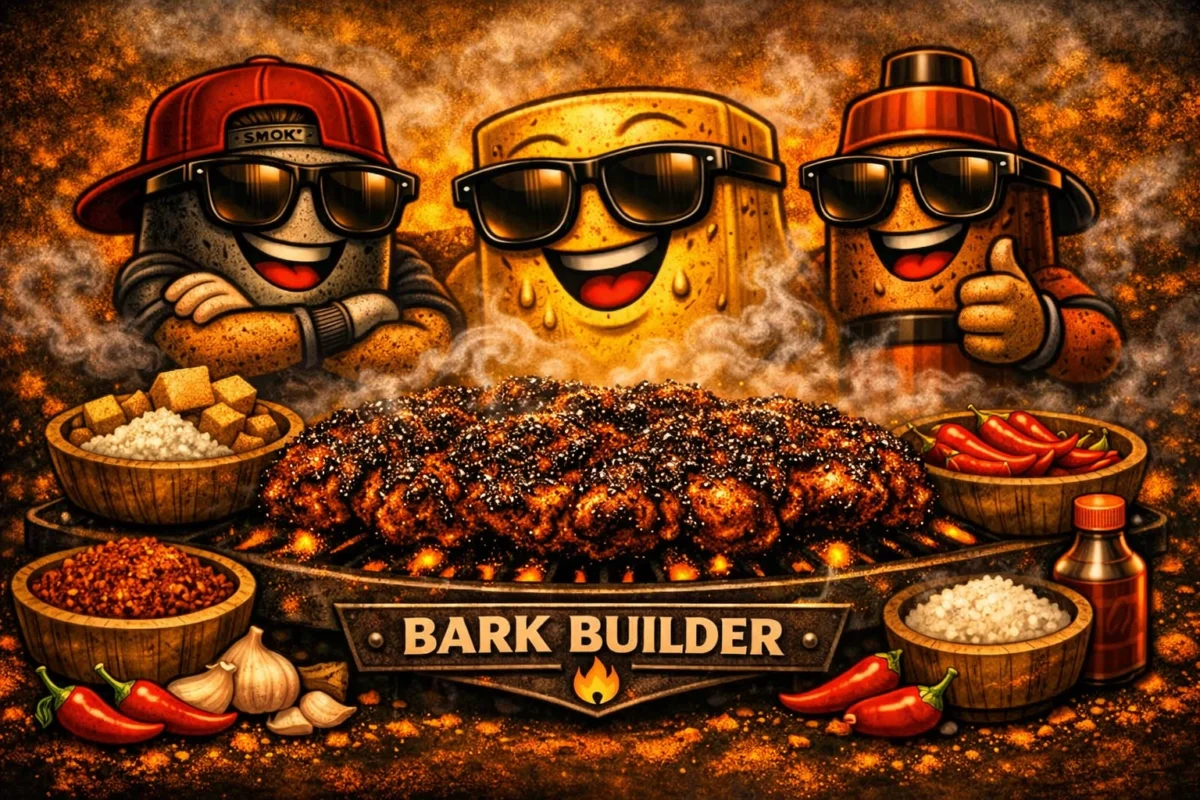Three OSF rub characters watching dark, smoky bark form on BBQ meat over glowing embers.