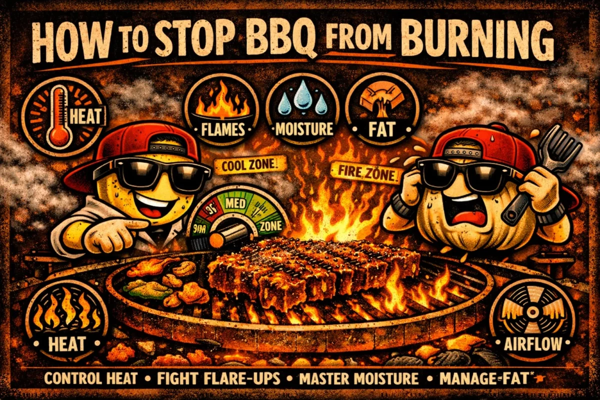 Butter and Garlic mascots showing how to stop BBQ from burning with heat control, flare-up prevention, and moisture balance.
