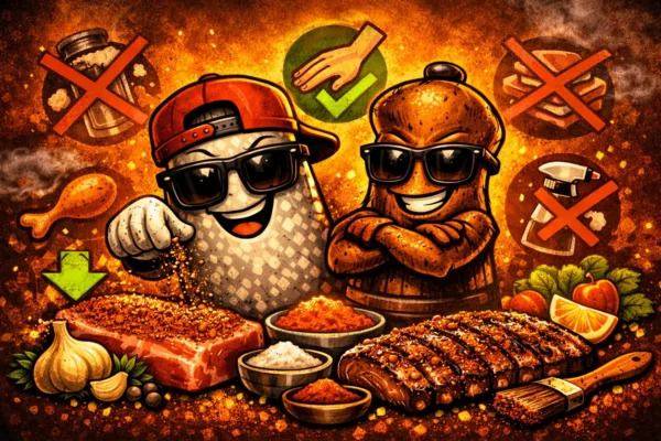 Illustrated BBQ rub application scene with seasoning shaker, meat preparation steps and Outback Fire & Smoke style background.