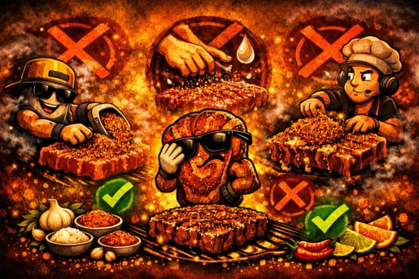 Illustrated BBQ rub mistakes with meat showing patchy seasoning and Outback Fire & Smoke style background.