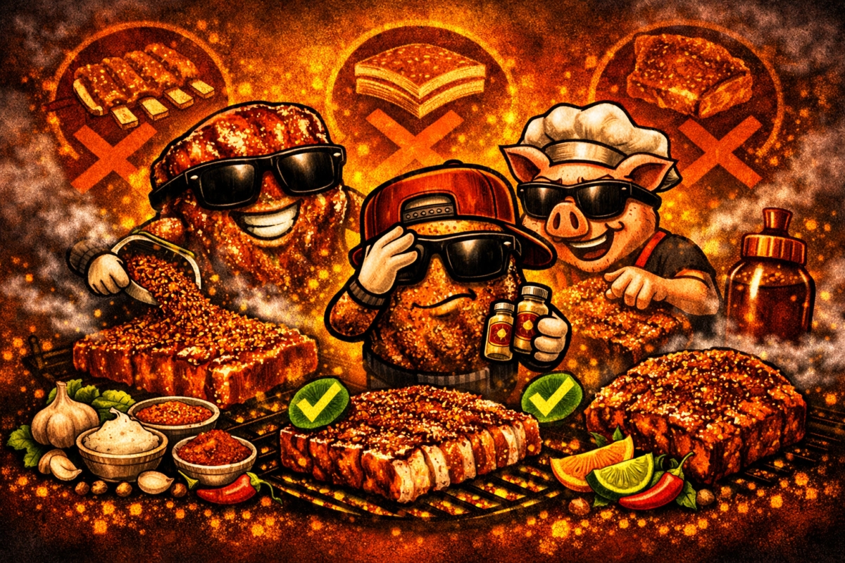 Illustrated pork BBQ scene with sweet‑smoky seasoning, sticky bark and Outback Fire & Smoke style background.