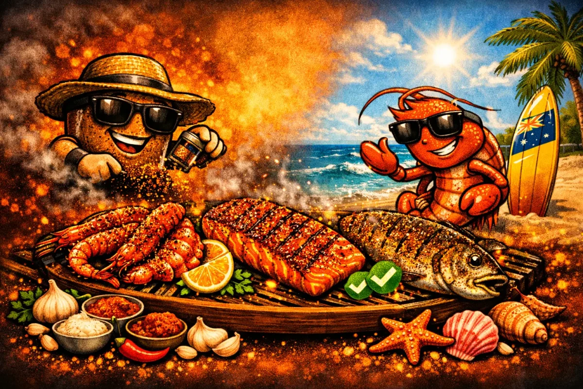 Illustrated seafood on the grill with paprika colour and caramelised edges in Outback Fire & Smoke style.