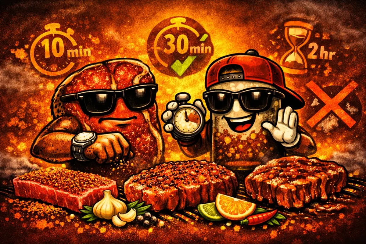 Illustrated meat with seasoning resting time indicators and Outback Fire & Smoke style background.