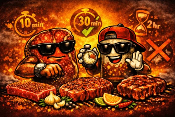 Illustrated meat with seasoning resting time indicators and Outback Fire & Smoke style background.