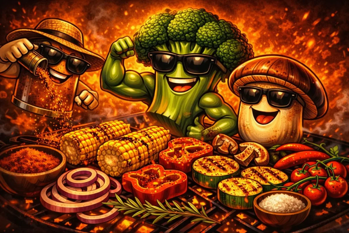 Illustrated vegetables on a BBQ grill with caramelised edges and paprika colour in Outback Fire & Smoke style.