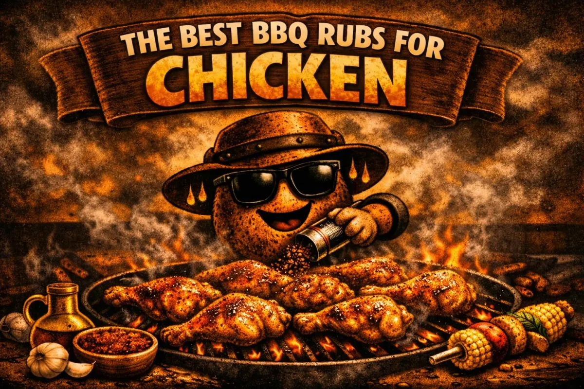 Close-up BBQ pit scene showing golden, smoky chicken legs sizzling on a grill while a spice jar character in an Outback hat sprinkles seasoning. Warm firelight and smoke create a rich, Australian BBQ atmosphere.