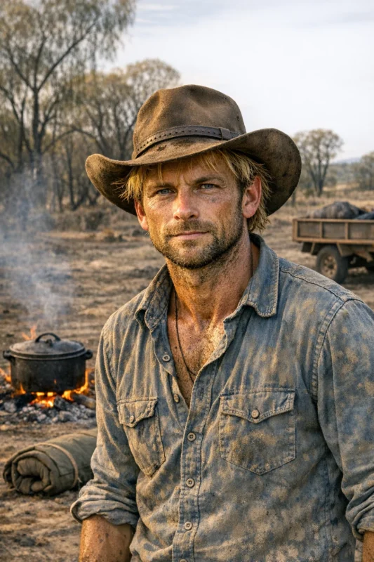 Man in a dusty blue shirt and worn hat tending a campfire in the Australian outback, with a pot over the flames and camping gear nearby.