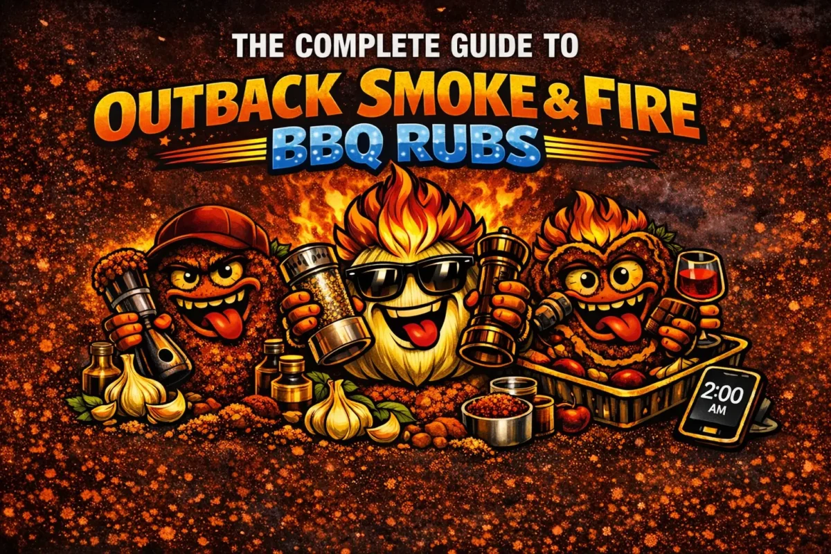 Three fiery Outback Smoke & Fire BBQ rub mascots — SPGZ, Fixes Most Things and Midnight Meat Crisis — centered below bold text “The Complete Guide to Outback Smoke & Fire BBQ Rubs” on a glowing ember background.