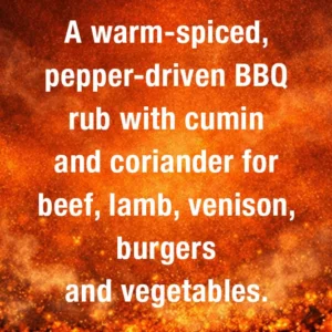 A warm‑spiced, earthy, pepper‑forward rub with smoky paprika, cumin, coriander and a cheeky cayenne kick — perfect for beef, lamb, venison, burgers and veg.