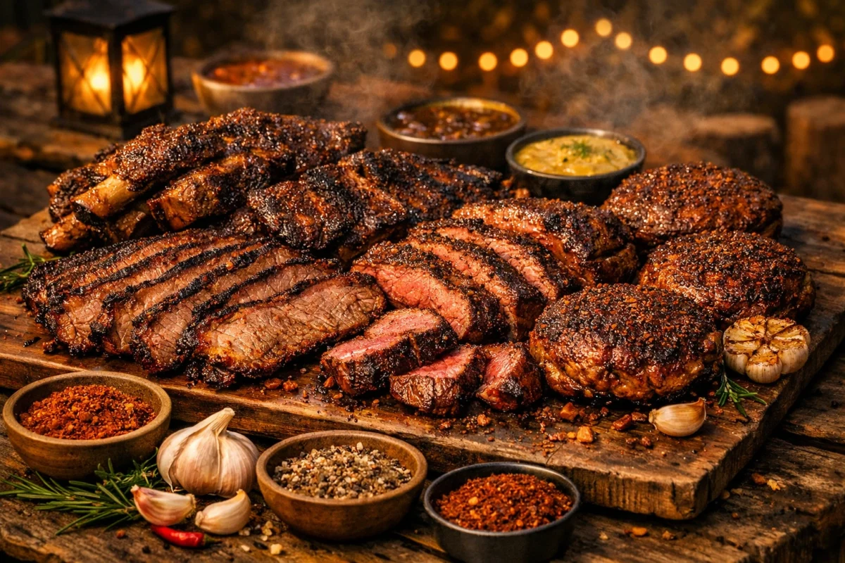 Assorted barbecued beef cuts — brisket, ribs, steaks, and burgers — arranged on a rustic wooden board with bowls of BBQ rubs, garlic, and herbs in warm outdoor evening light.
