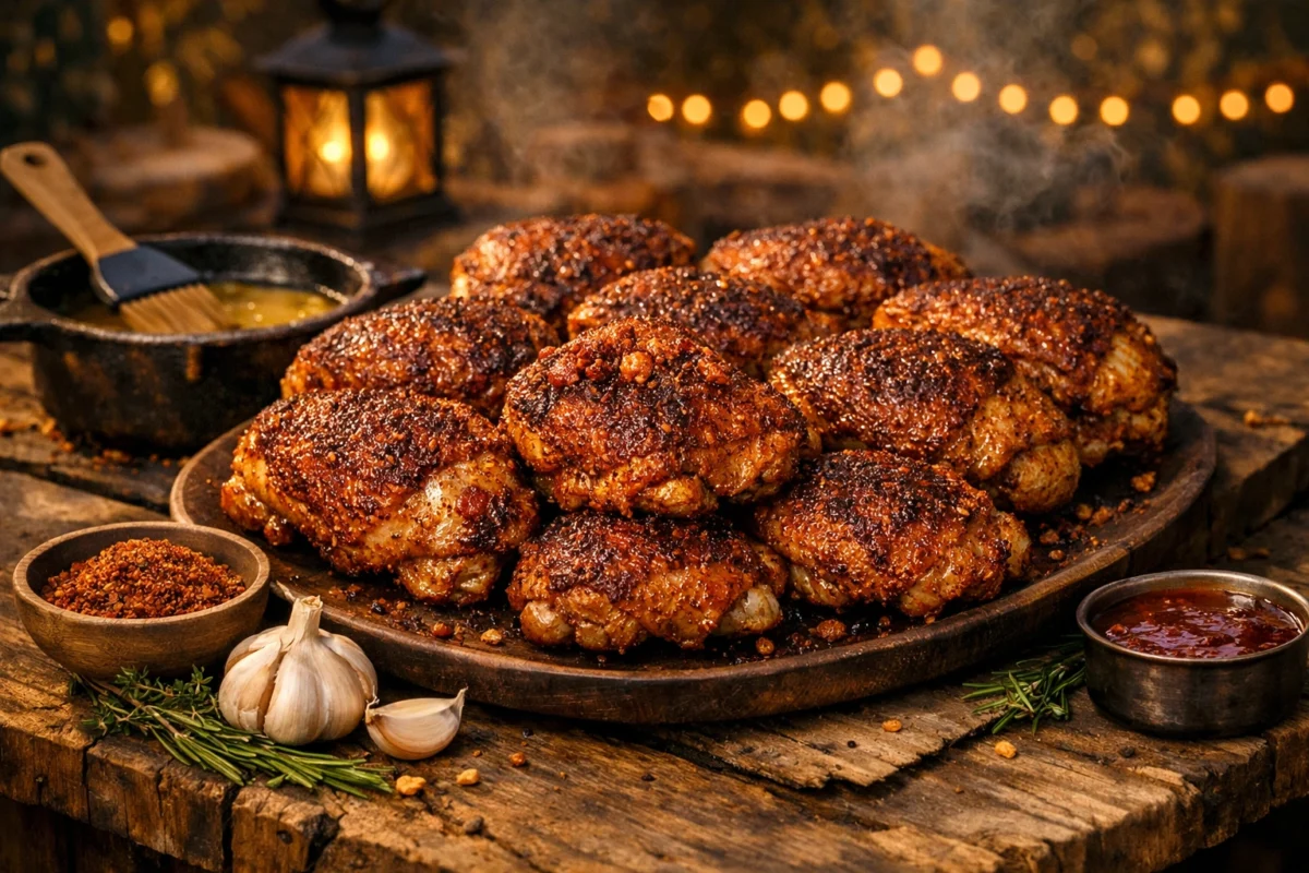 Crispy BBQ chicken thighs with golden, blistered skin and dry rub seasoning on a rustic wooden platter outdoors, surrounded by garlic, herbs, and melted butter.