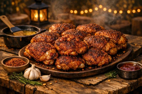 Crispy BBQ chicken thighs with golden, blistered skin and dry rub seasoning on a rustic wooden platter outdoors, surrounded by garlic, herbs, and melted butter.