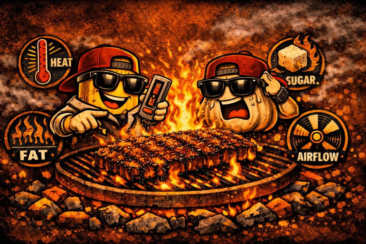 BBQ rub burning on the grill with flare-up and caramelised edges under high heat.