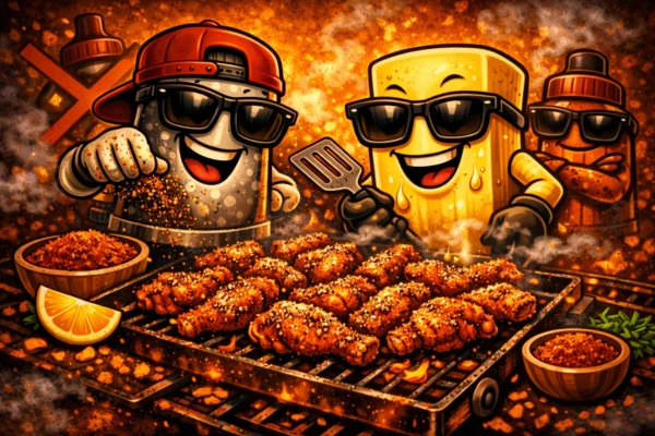 Dry rub BBQ chicken wings sizzling on the grill with OSF cartoon characters — salt shaker and butter stick showing crisp, no‑marinade technique.