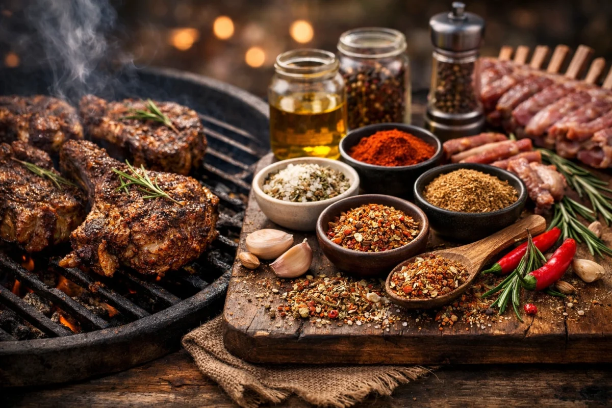 BBQ lamb chops seasoned with herb and citrus rub on a grill
