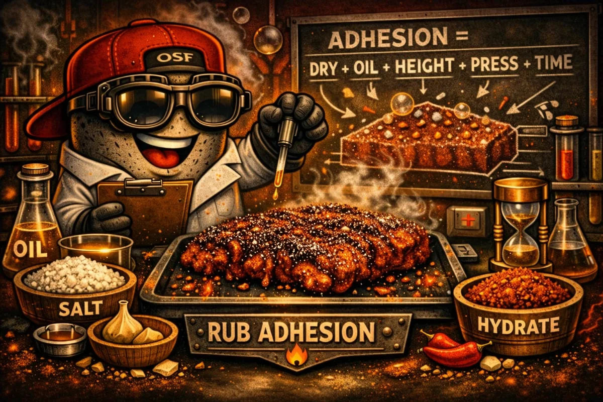 OSF shaker mascot in a BBQ rub science lab dripping oil onto seasoned meat under a heat lamp.