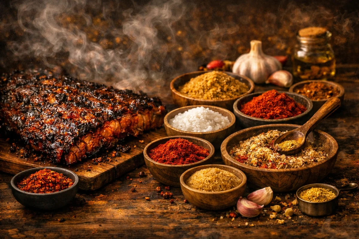 Close‑up of caramelised BBQ bark surrounded by bowls of salt, sugar, paprika, garlic, mustard and herbs under warm, smoky light.