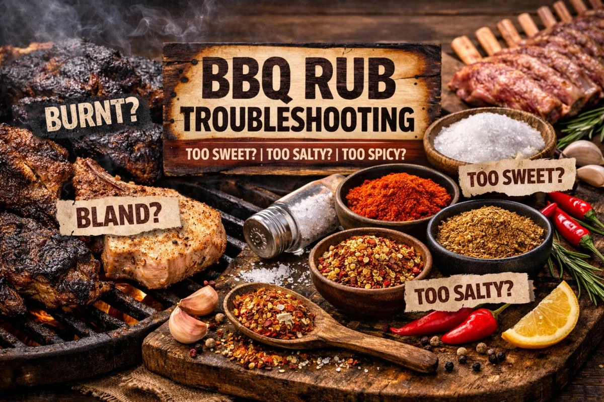 BBQ rub troubleshooting scene showing burnt and bland grilled meat beside bowls of spices labelled too sweet, too salty, and too spicy