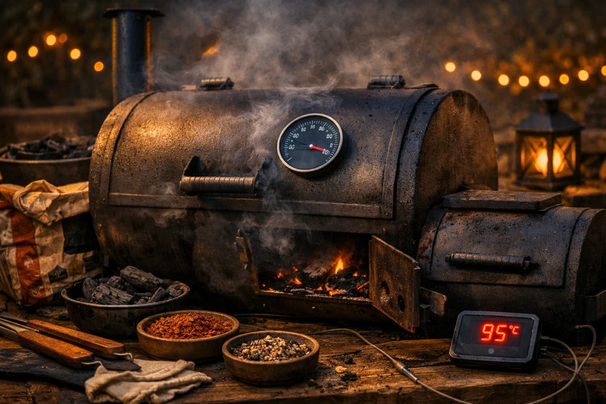 Backyard BBQ smoker with low temperature gauge and faint smoke at dusk, representing airflow and fuel problems.