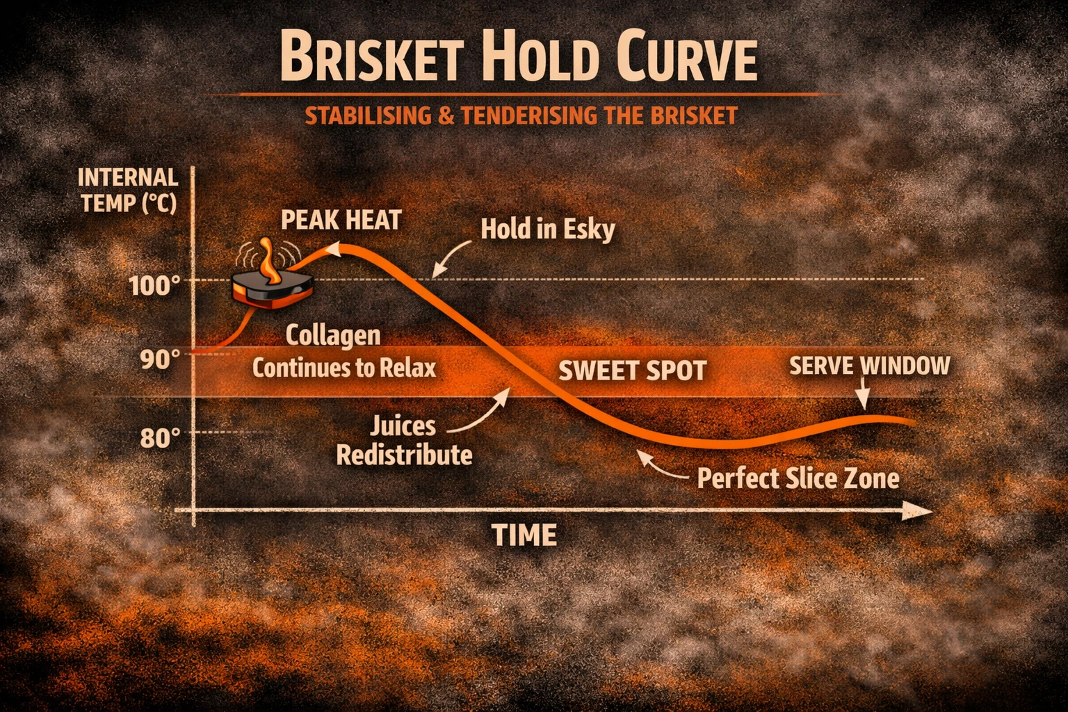 Brisket hold curve showing temperature stabilisation during resting