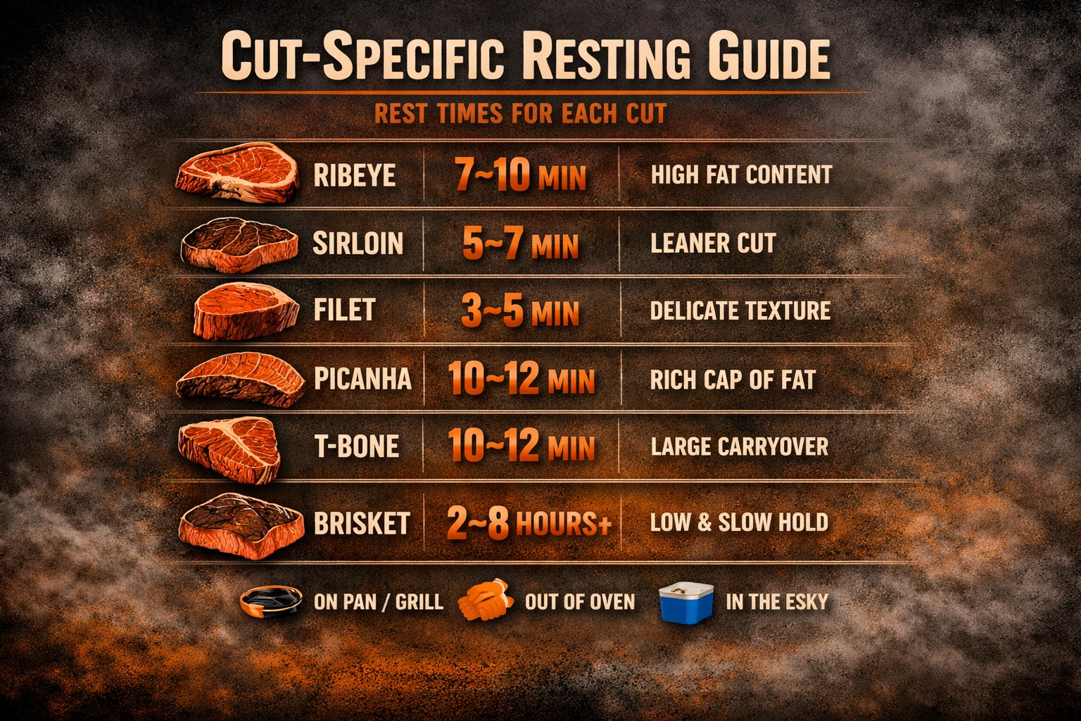 Resting recommendations for ribeye, sirloin, fillet, picanha, T-bone and brisket