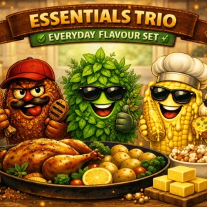 Three friendly seasoning characters — chili, herb, and butter with garlic sidekick — standing in a cozy kitchen beside roast chicken, potatoes, and butter cubes.