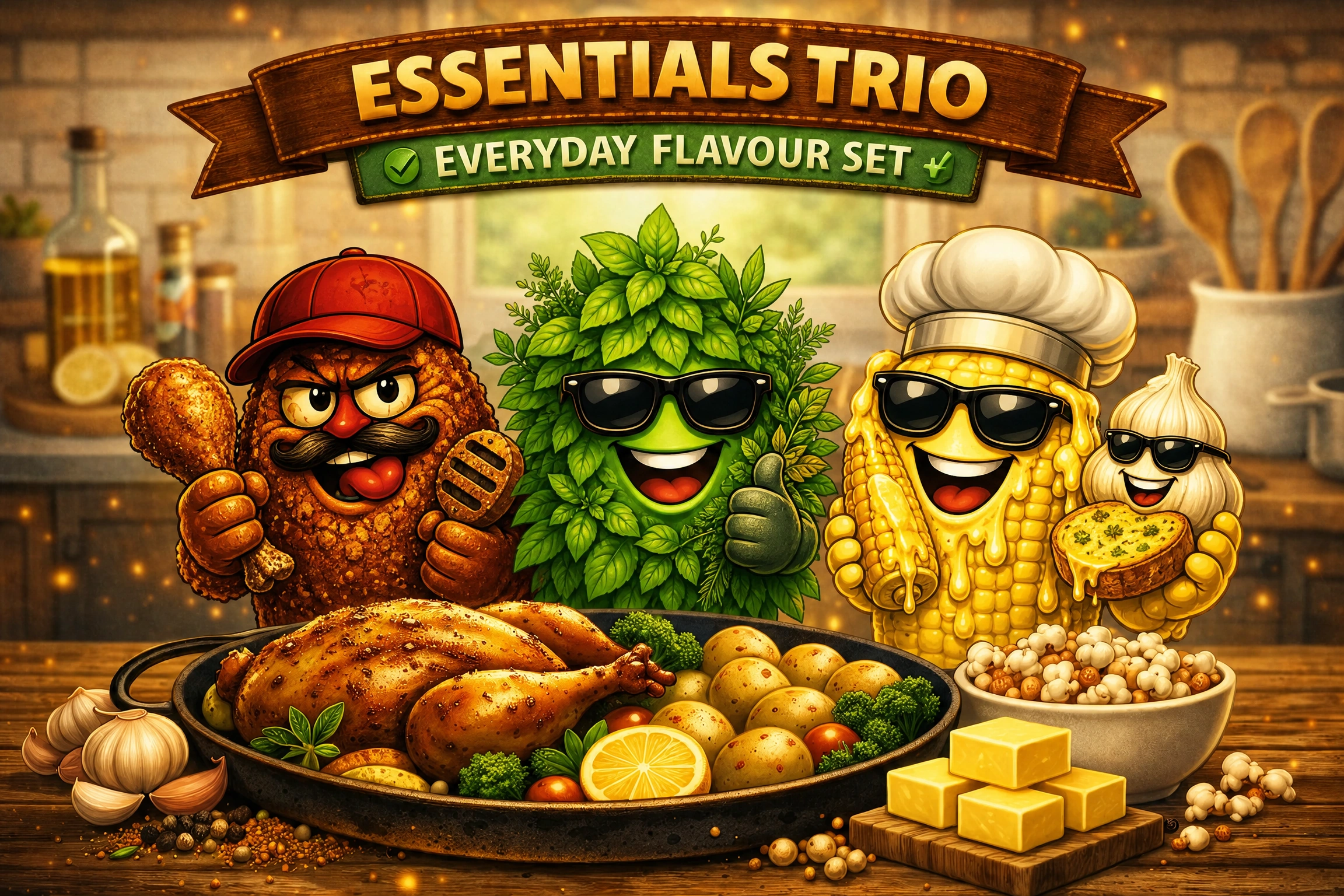 Three friendly seasoning characters — chili, herb, and butter with garlic sidekick — standing in a cozy kitchen beside roast chicken, potatoes, and butter cubes.