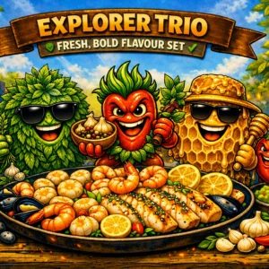 Three adventurous seasoning characters — chili, herb, and honey — standing around a sizzling pan of seafood with bright outdoor BBQ lighting.