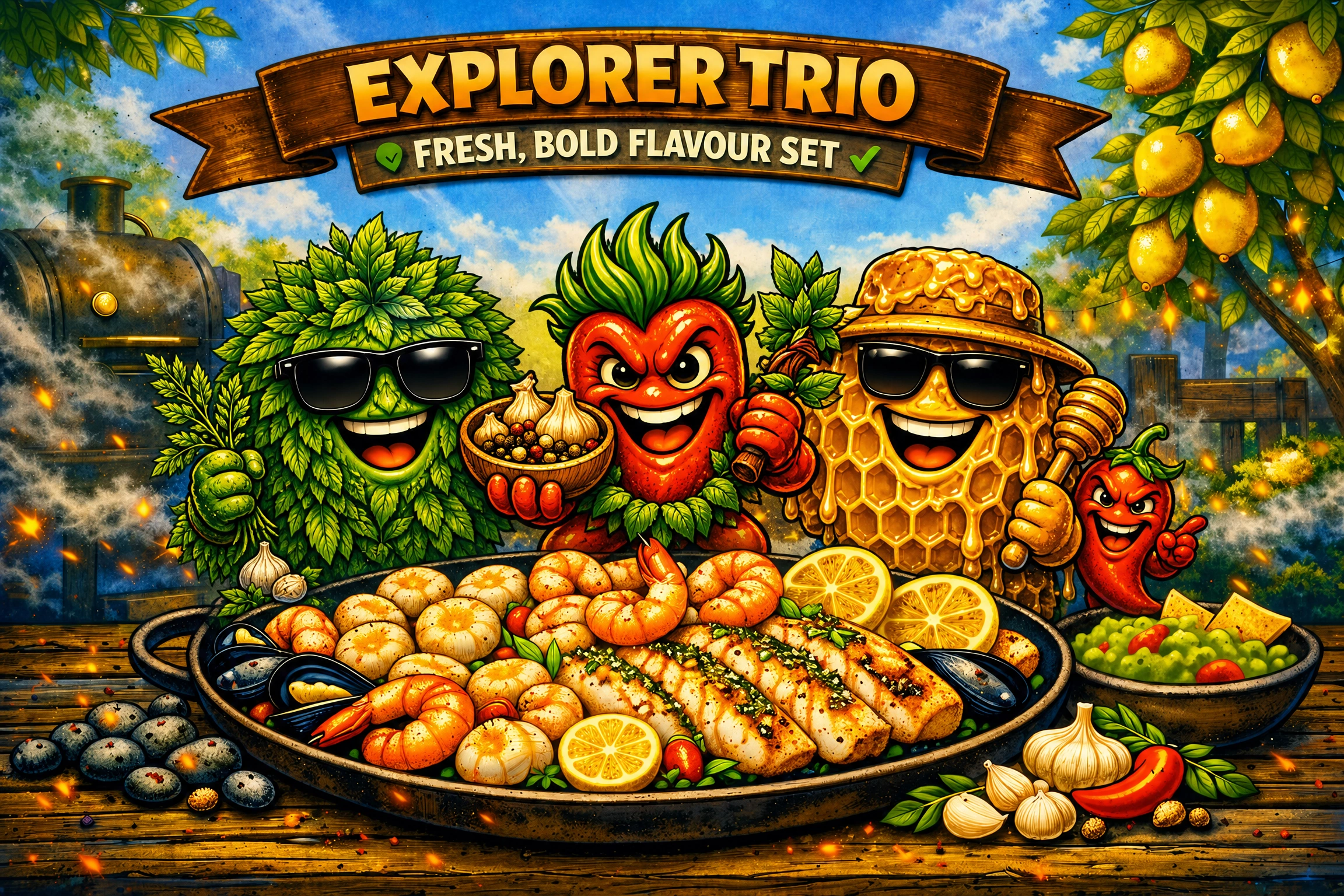 Three adventurous seasoning characters — chili, herb, and honey — standing around a sizzling pan of seafood with bright outdoor BBQ lighting.