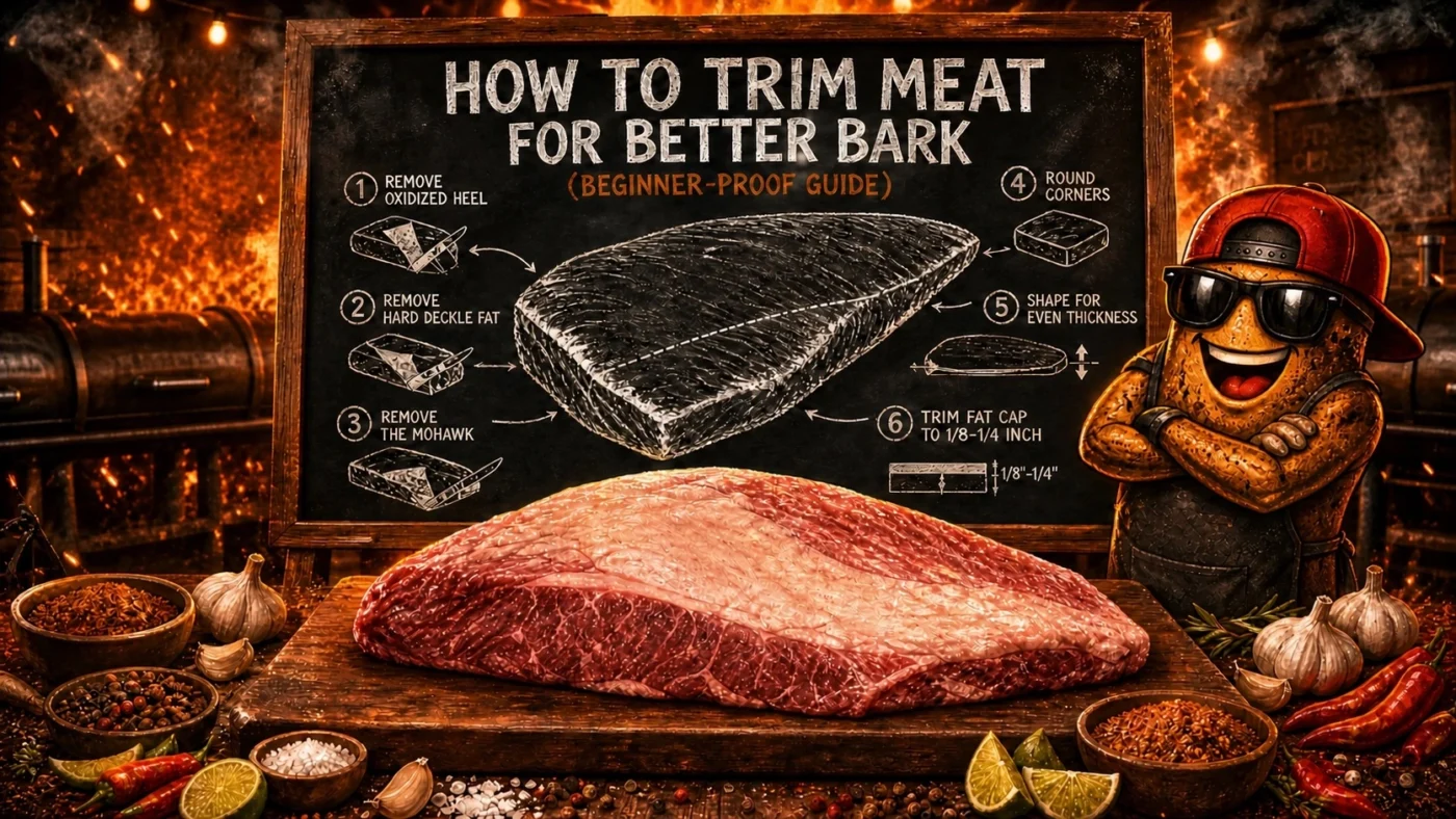 A pitmaster character in sunglasses and a red cap teaches brisket trimming beside a chalkboard showing the six trimming steps, with a whole raw brisket on a butcher board and OSF ingredients in a warm ember‑lit BBQ scene.