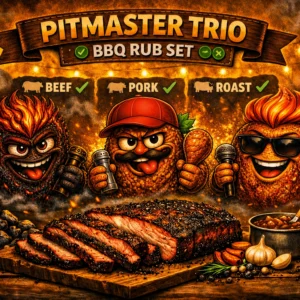 Three BBQ rub characters — fiery, smoky, and herb‑infused — standing beside a wooden board of grilled meat under warm barbecue light.