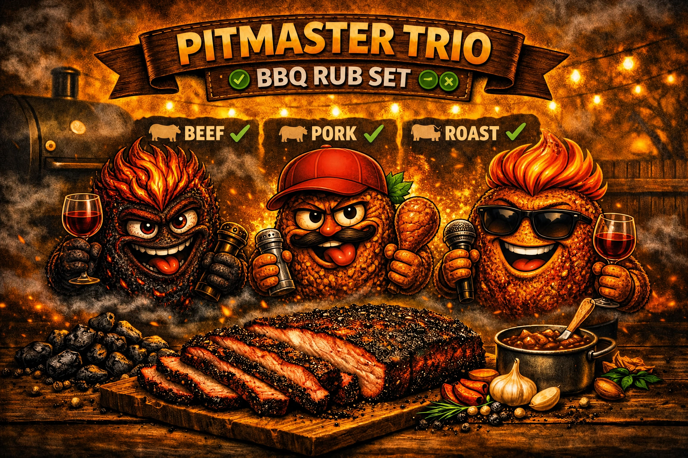 Three BBQ rub characters — fiery, smoky, and herb‑infused — standing beside a wooden board of grilled meat under warm barbecue light.