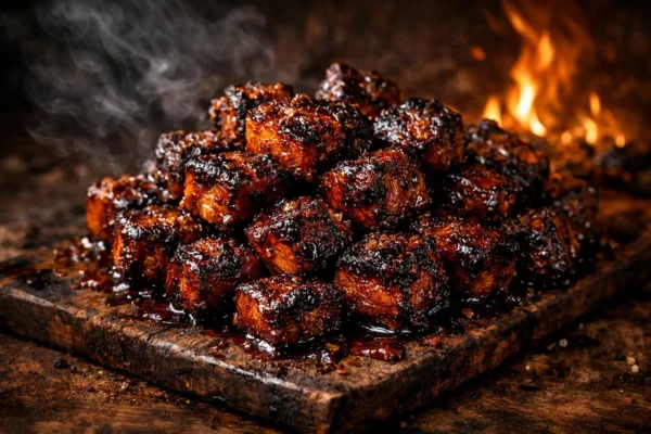 Pork belly burnt ends piled on a rustic board, caramelised to deep mahogany brown with sticky sweet‑smoky glaze, glowing firelight and drifting smoke in OSF hero style.
