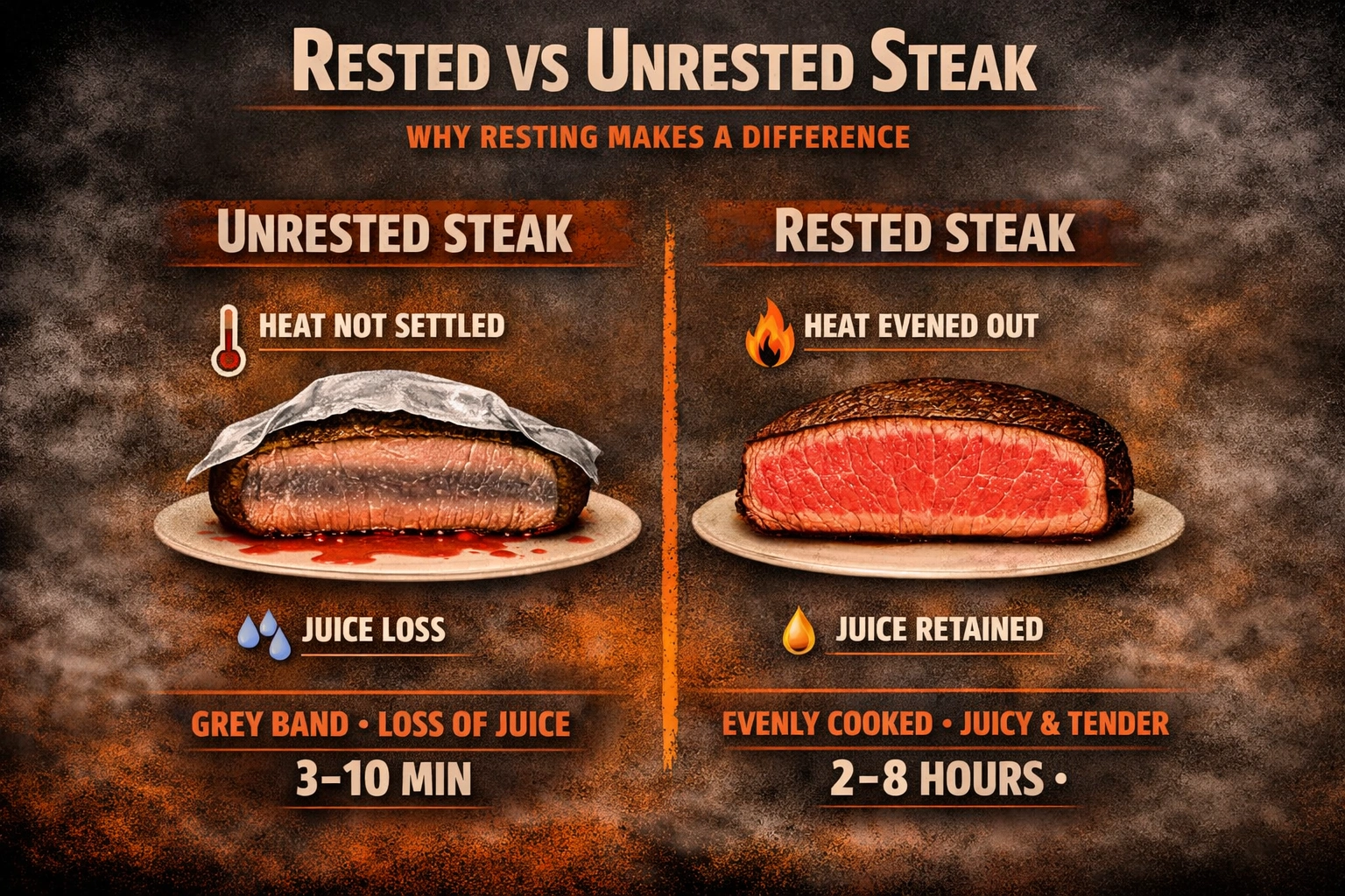 Comparison of rested and unrested steak showing doneness and juice retention