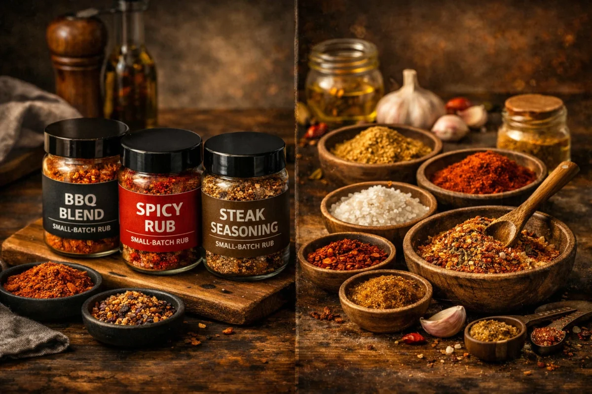 Small‑batch rub jars beside rustic bowls of homemade spices on a dark wooden table under warm, smoky light.