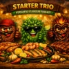 Three seasoning characters standing behind a seafood platter under a “Starter Trio – Versatile Flavour Toolkit” banner.