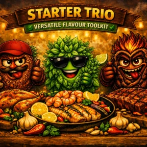 Three seasoning characters standing behind a seafood platter under a “Starter Trio – Versatile Flavour Toolkit” banner.