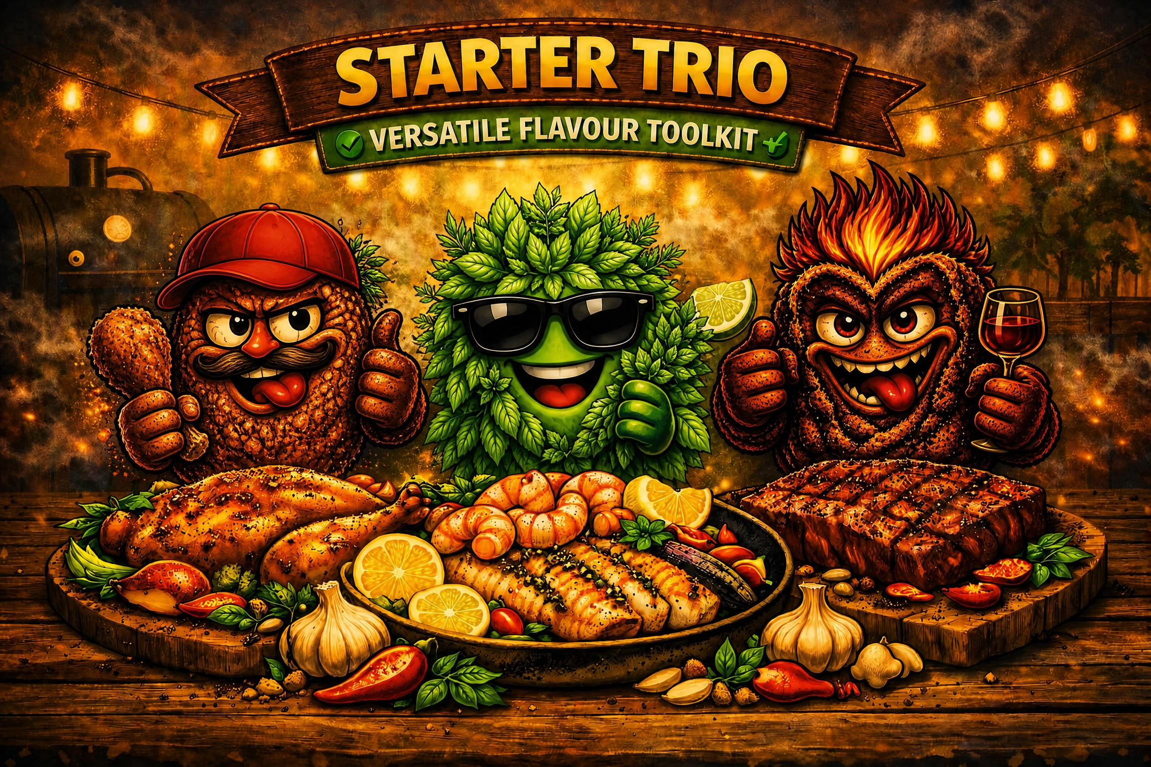 Three seasoning characters standing behind a seafood platter under a “Starter Trio – Versatile Flavour Toolkit” banner.