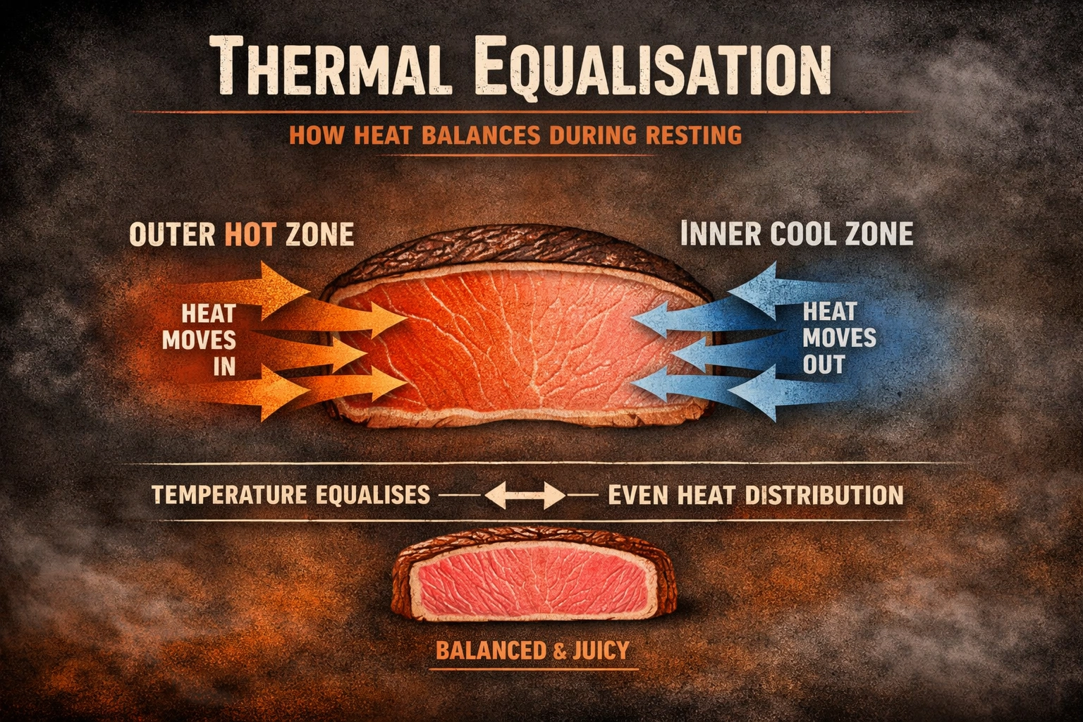 Diagram showing how heat moves inside meat during resting