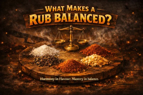 Brass balance scale surrounded by piles of salt, pepper, paprika, chilli, and garlic on a rustic board — symbolising harmony in BBQ rub ingredients. 