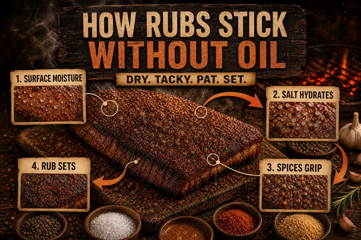 Close‑up meat surface showing four steps of how BBQ rubs stick without oil: moisture, salt hydration, spice grip and rub setting.