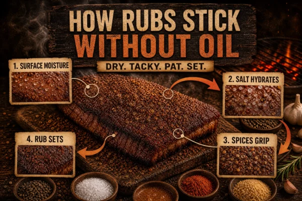 Close‑up meat surface showing four steps of how BBQ rubs stick without oil: moisture, salt hydration, spice grip and rub setting.