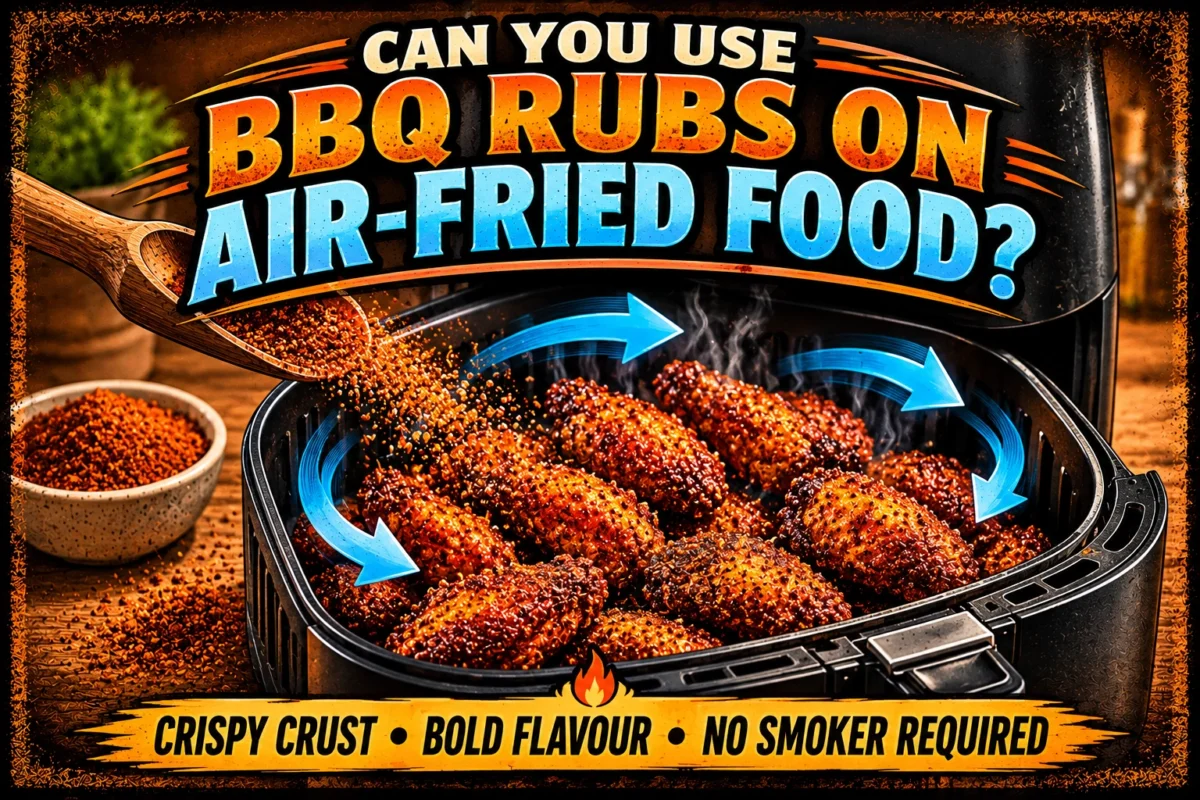 Air fryer basket filled with crisp chicken wings seasoned with BBQ rub, with rub sprinkled on the bench beside it.