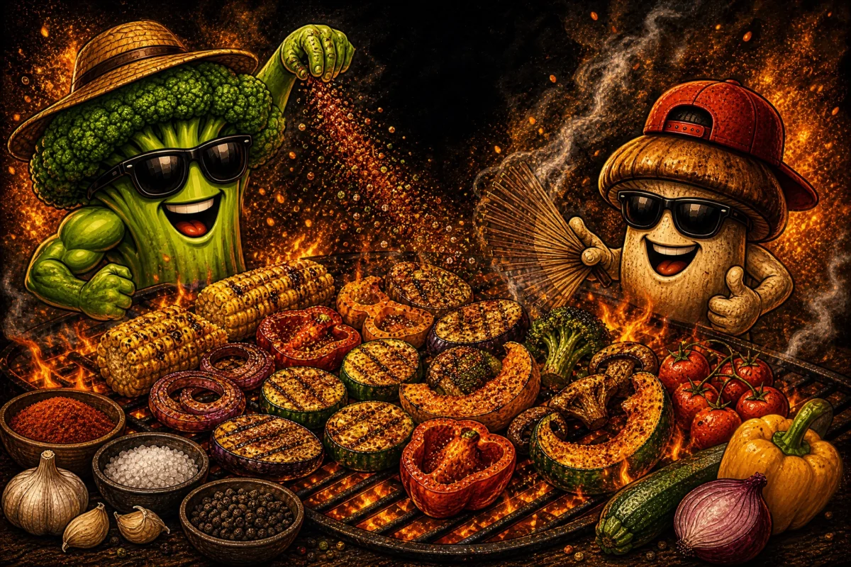 Anthropomorphic broccoli and mushroom grilling vegetables to illustrate how BBQ rubs work on veg.
