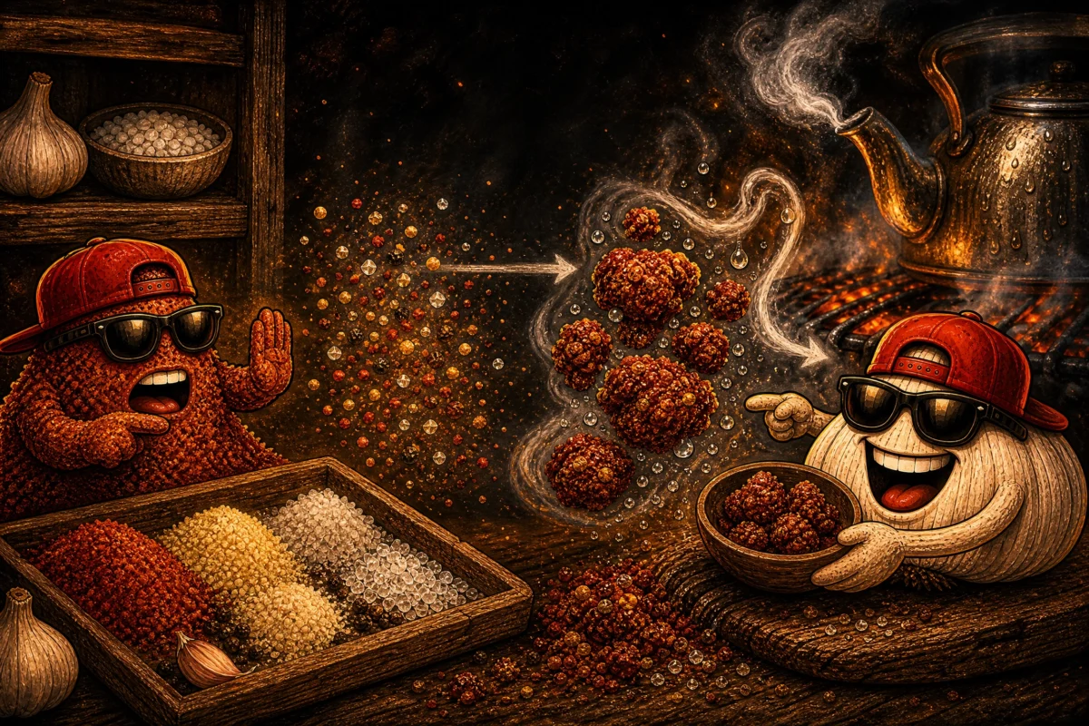 Anthropomorphic spice characters showing how moisture and steam cause BBQ rubs to clump.