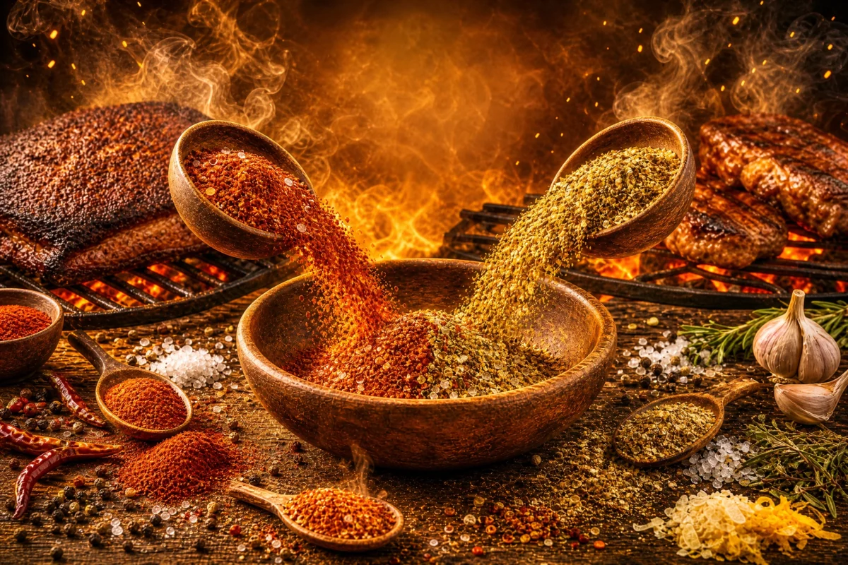 Two streams of BBQ spices pouring into a bowl with seasonings and flames, illustrating how rubs can be mixed.