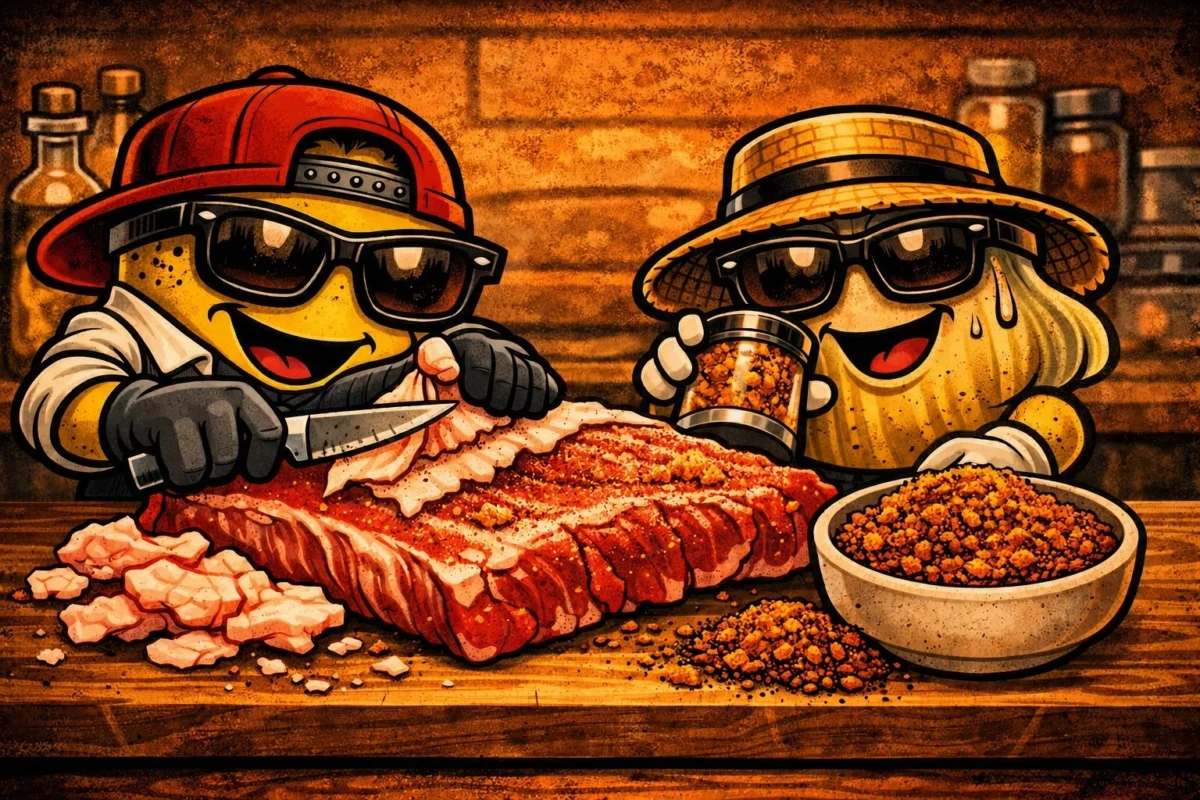 Cartoon OSF characters trimming brisket fat on a wooden board beside a bowl of BBQ rub, showing that rubs are applied after trimming.